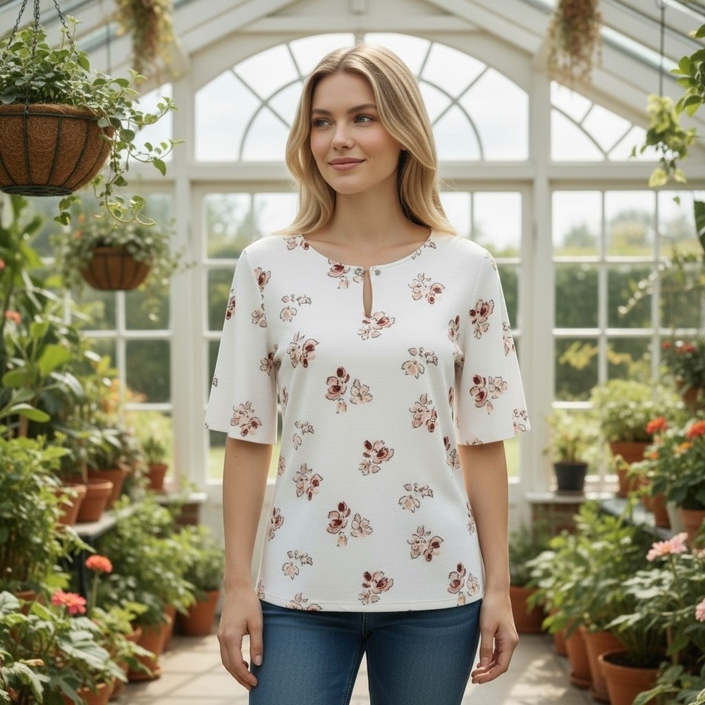 Liz Claiborne Ivory Floral Keyhole Neck Pearl Accent Flutter Sleeve Blouse 2X - Picture 2 of 14